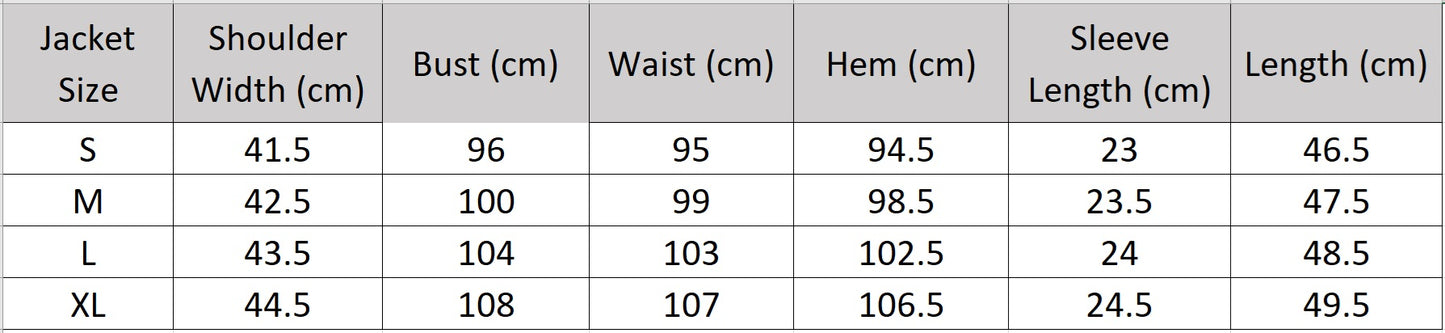 Size chart for the Named by Frost cropped viscose jacket, providing accurate measurements for a perfect fit. From Borcelleclothes.