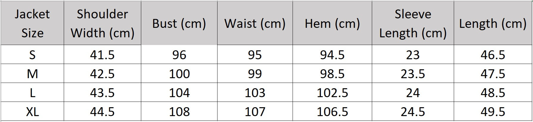 Size chart for the Named by Frost cropped viscose jacket, providing accurate measurements for a perfect fit. From Borcelleclothes.
