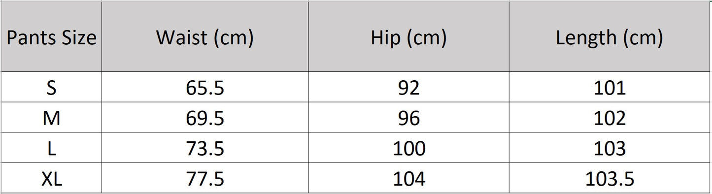 Size chart for the wide-leg pleated trousers from the Named by Frost collection. From Borcelleclothes.