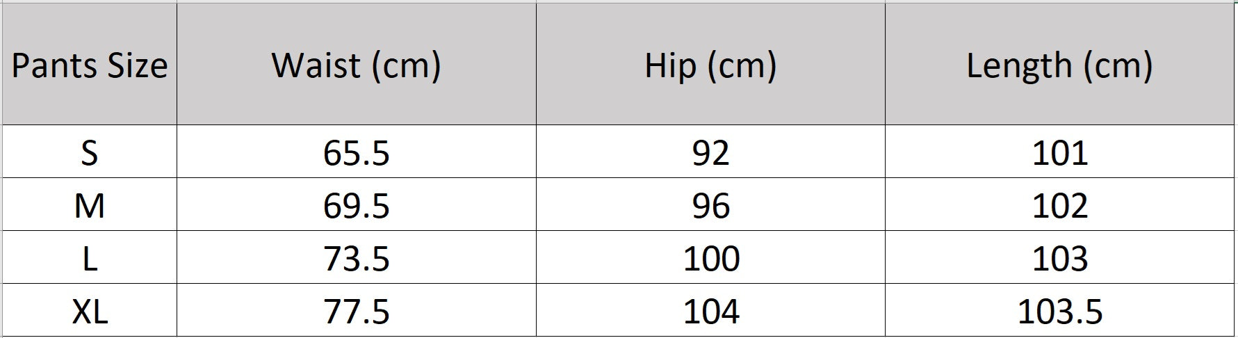 Size chart for the wide-leg pleated trousers from the Named by Frost collection. From Borcelleclothes.