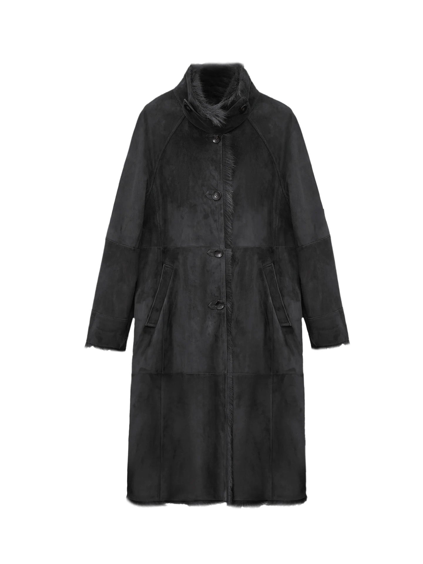 Convertible collar goatskin coat in Tusch displayed flat to highlight the straight silhouette, buttoned front, and leather-bound buttonholes — From Borcelleclothes.