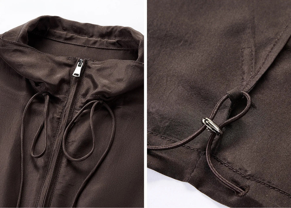 Collage showing zipped collar and interior hem drawstring construction — From Borcelleclothes.