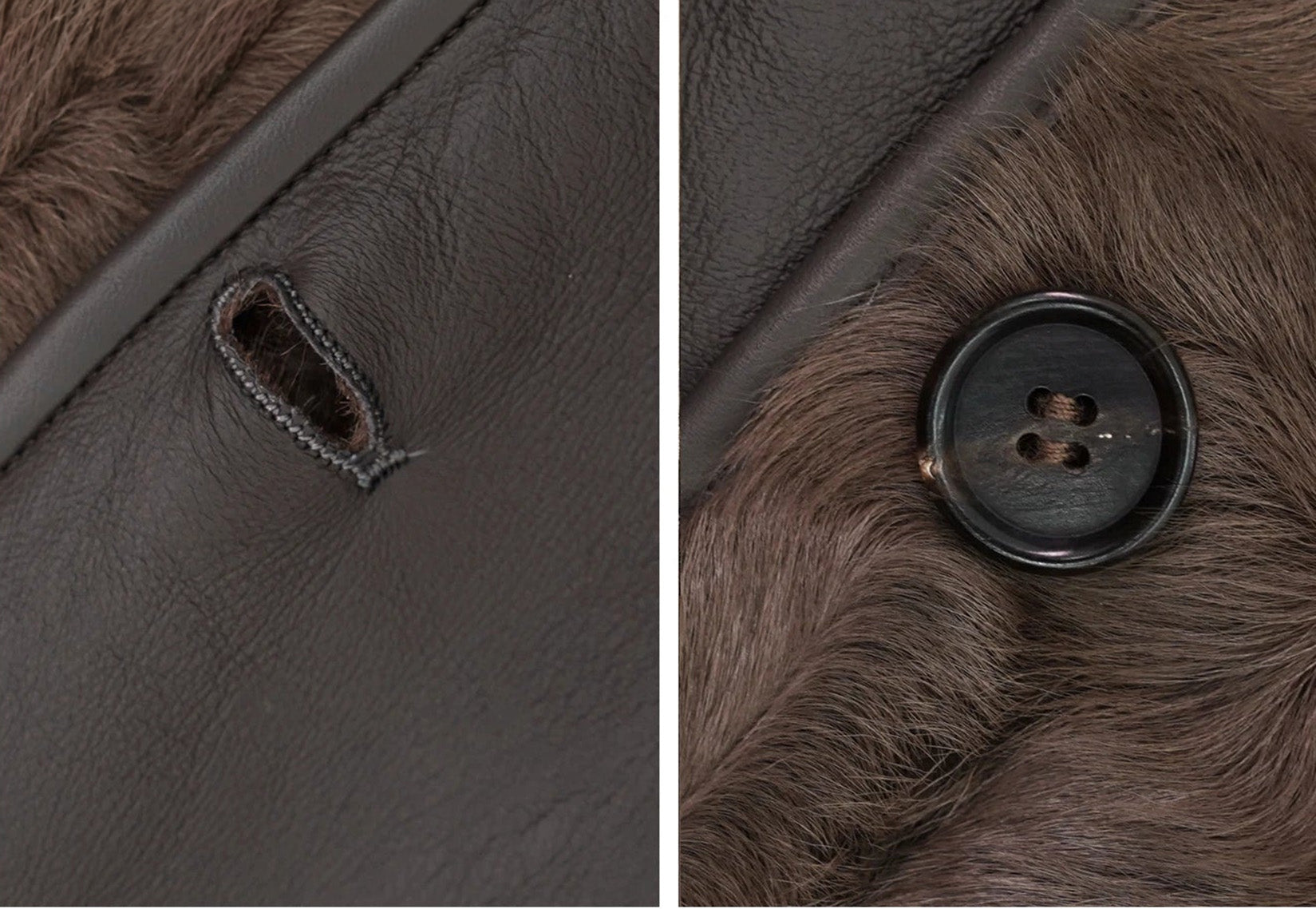 Collage showing horn button on the fur side and buttonhole on the leather side of the reversible coat — From Borcelleclothes.