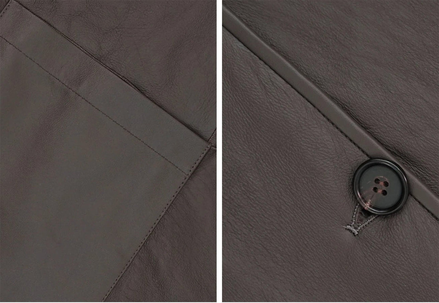 Collage detail of pocket, button, and trim of the Clove Ripples coat, leather side exposed — From Borcelleclothes.