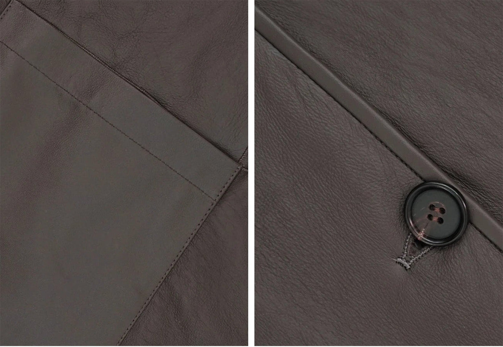 Collage detail of pocket, button, and trim of the Clove Ripples coat, leather side exposed — From Borcelleclothes.