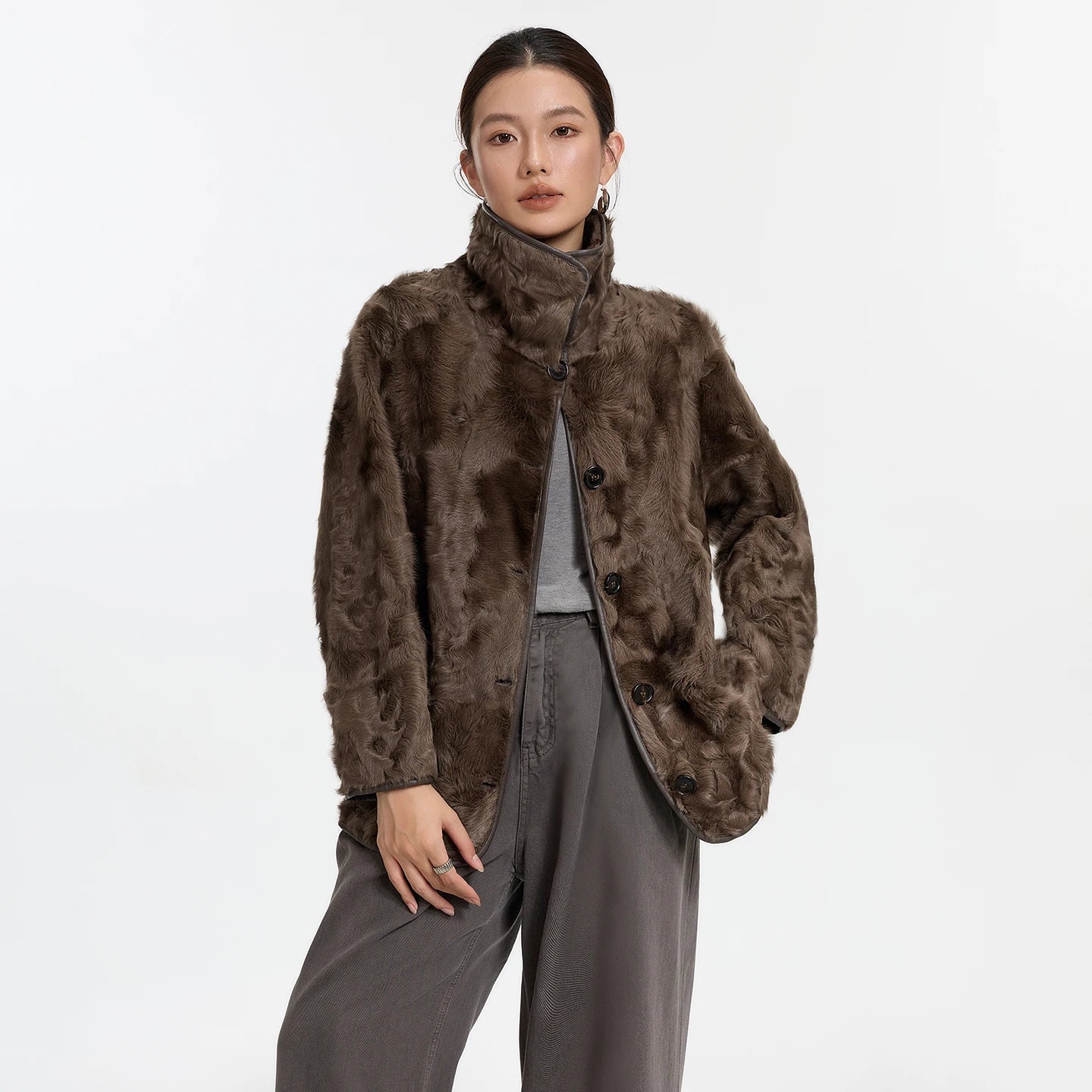 Women's reversible lake-region shearling coat in Clove Ripples, featuring a double-faced collar and horn buttons — From Borcelleclothes.