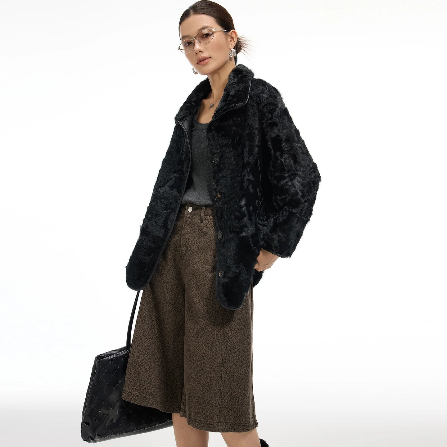 Women's reversible lake-region shearling coat in Tusch Swell, featuring a double-faced collar and horn buttons — From Borcelleclothes.