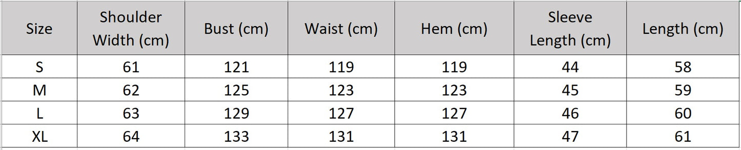 Women's size chart for an Architectural double-sided wool jacket. Highlighting the 980g/m² density, transformative collar geometry, and hand-finished invisible seams. — From Borcelleclothes.