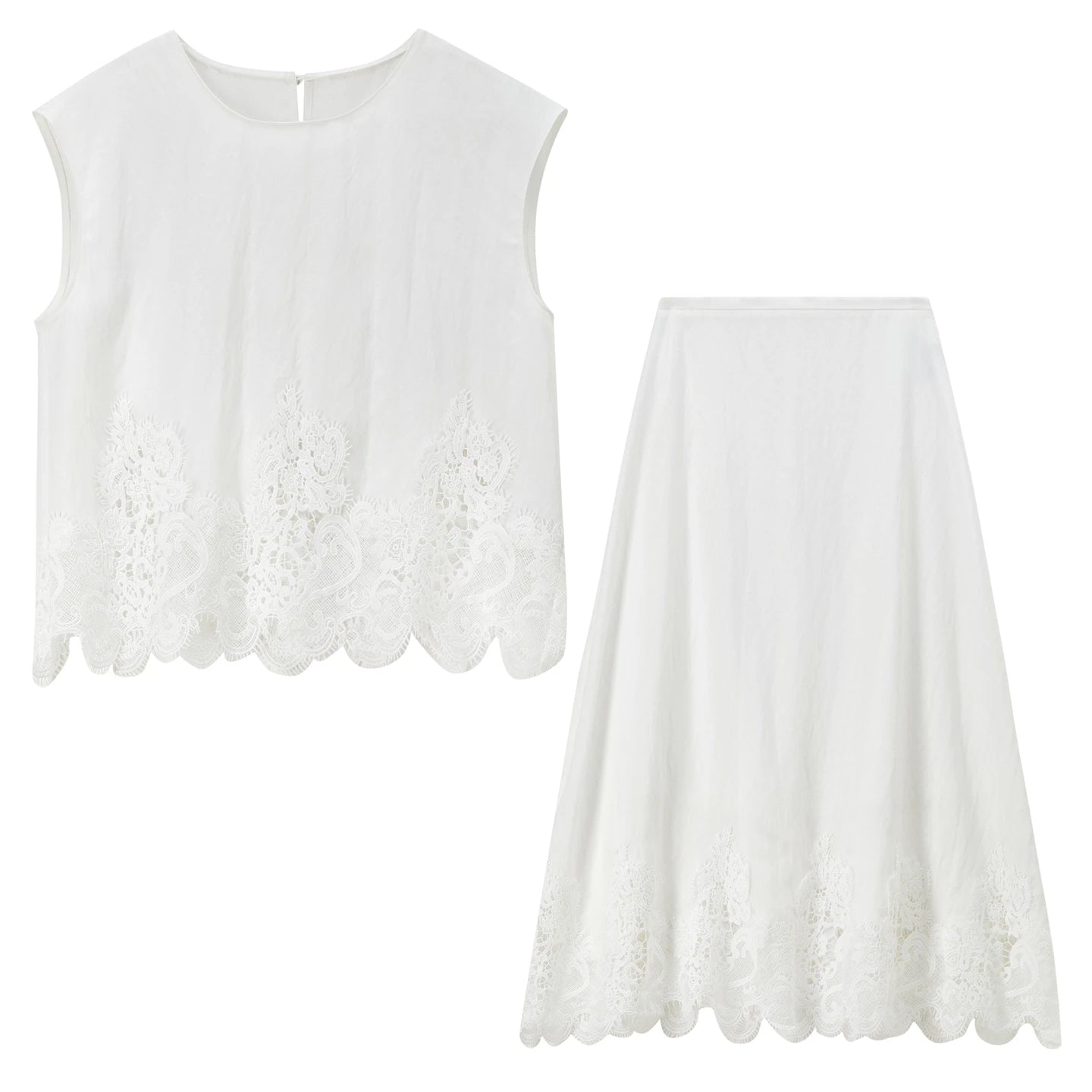 Flat lay of the Foam Kiss corded lace top and skirt set. — From Borcelleclothes.
