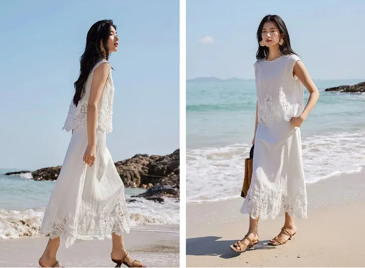Collage showing the side and front views of a woman wearing the Foam Kiss corded lace set. — From Borcelleclothes.