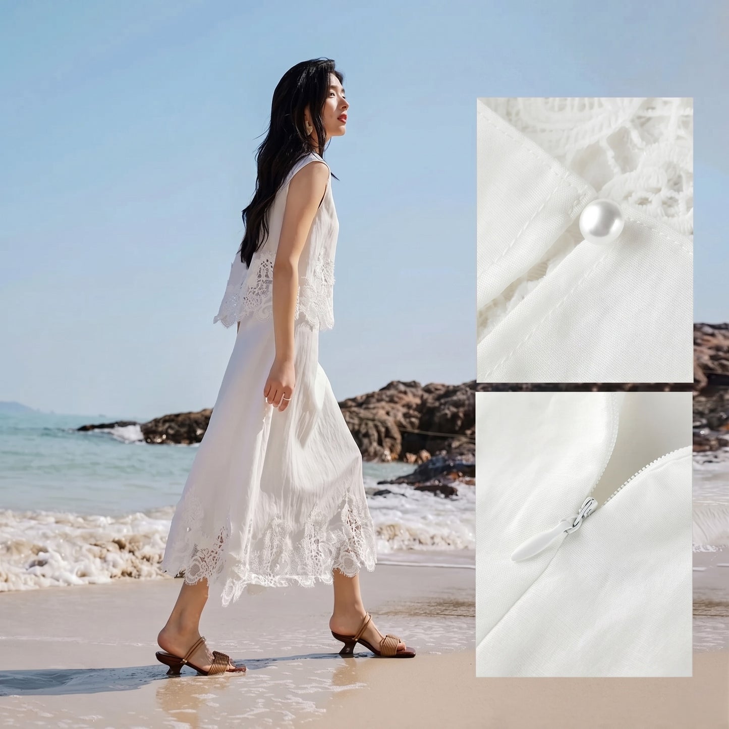 Collage showing a woman walking, with detail shots of the top button and skirt zipper. — From Borcelleclothes.