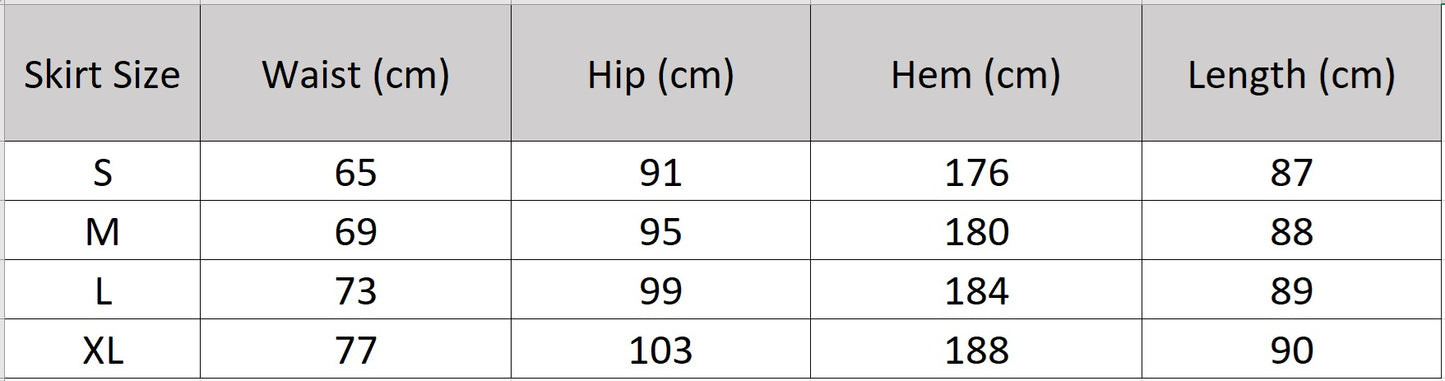 Size chart for the women's corded lace A-line skirt in Foam Kiss. — From Borcelleclothes.