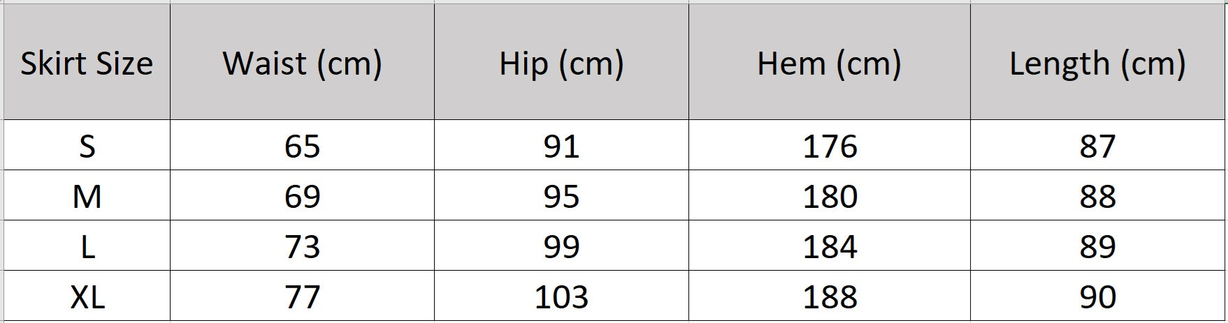 Size chart for the women's corded lace A-line skirt in Foam Kiss. — From Borcelleclothes.