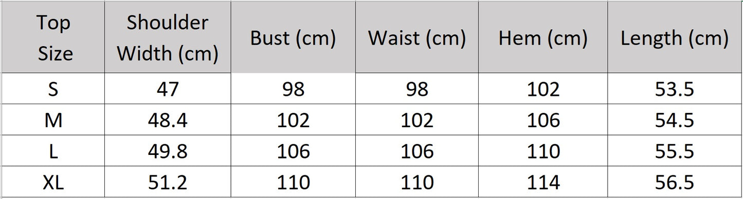 Size chart for the women's corded lace cropped top in Foam Kiss. — From Borcelleclothes.