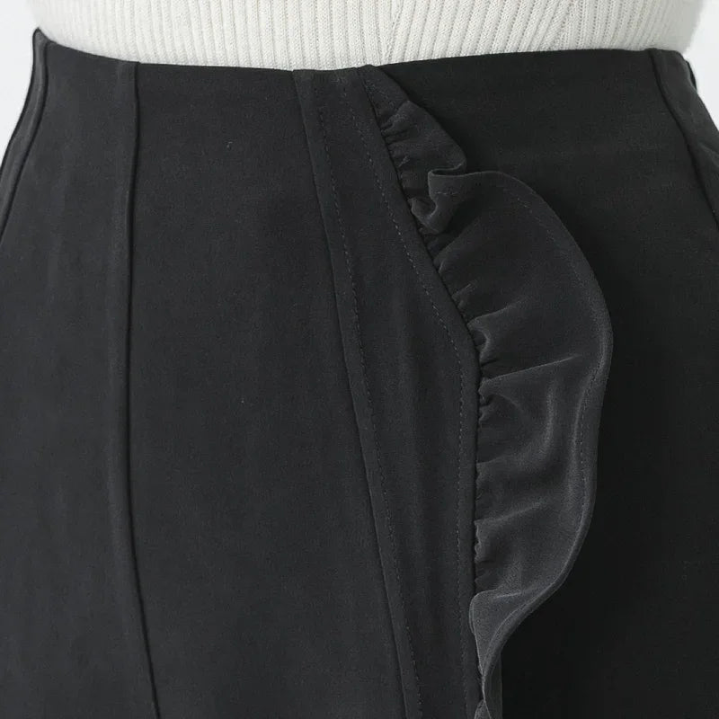 Detailed view of integrated ruffle running along the curved left insert seam — From Borcelleclothes.