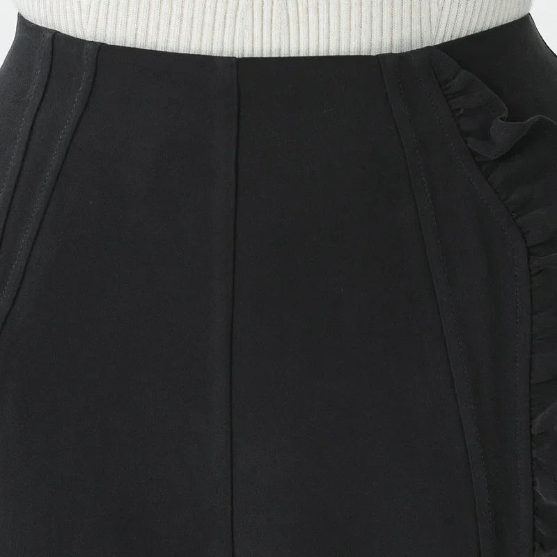 Close-up of front waist construction featuring asymmetrical inset panels in 45 momme silk crepe — From Borcelleclothes.
