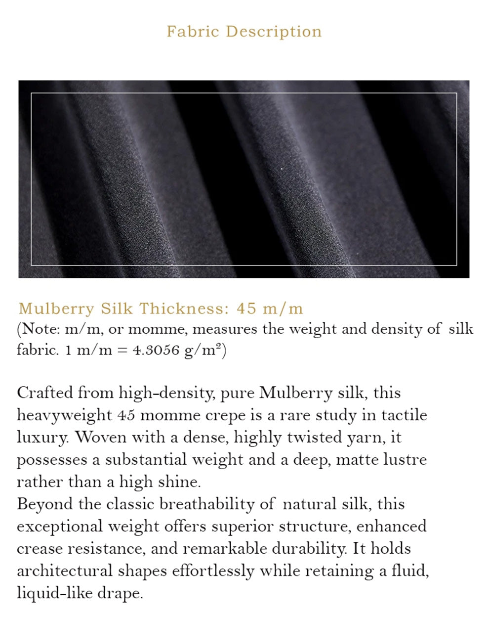 Close-up of heavyweight 45 momme Mulberry silk crepe folded in rich architectural waves — From Borcelleclothes.