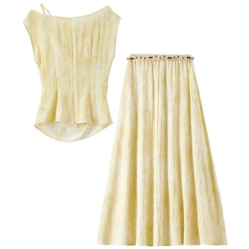 Comprehensive flat lay showing both front and back views of the top and skirt — From Borcelleclothes.