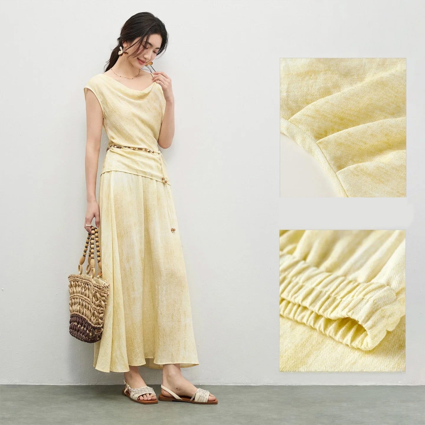 A collage showing the intricate waist pleats and the model with her woven accessory — From Borcelleclothes.