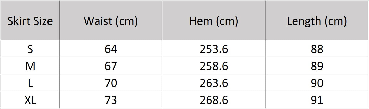 Detailed size guide for the flared Urban Hippolita midi skirt — From Borcelleclothes.