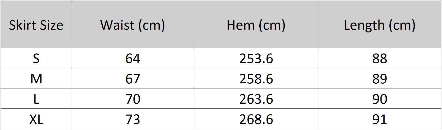 Detailed size guide for the flared Urban Hippolita midi skirt — From Borcelleclothes.