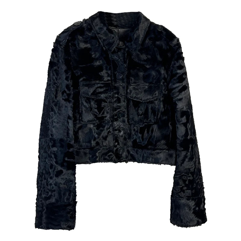 Women's cropped shearling shirt-jacket in Spilled Ink, featuring waved Xiaohu fleece, pointed collar, and military shoulder tabs. - From Borcelleclothes.