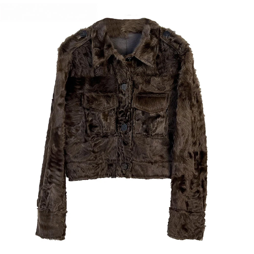 Front view of the cropped Star Anise shearling shirt-jacket, revealing the symmetry of the pockets and the architectural grain of the Xiaohu fur. — From Borcelleclothes.