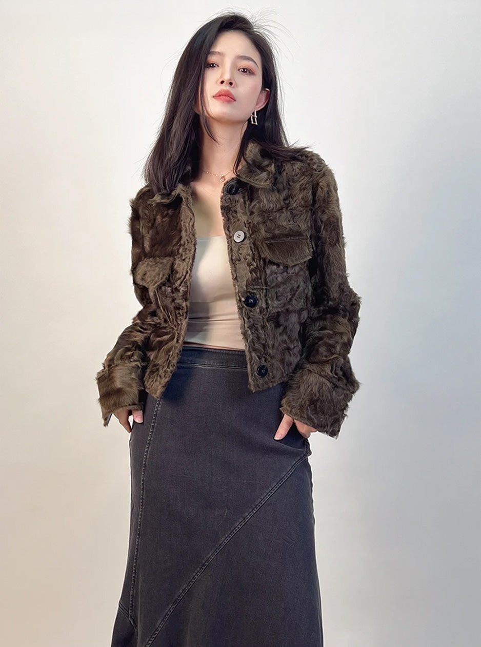 Women's cropped shearling shirt-jacket in Star Anise, featuring waved Xiaohu fleece, pointed collar, and military shoulder tabs. - From Borcelleclothes.