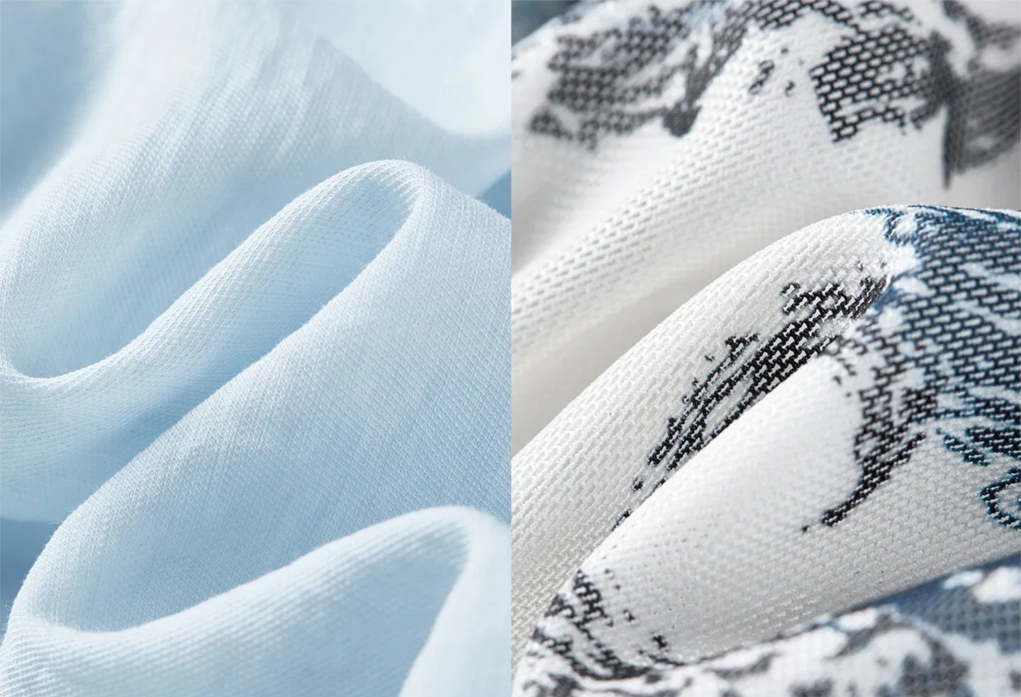 Close-up collage showing the light blue Lapis Shimmer fabric alongside the intricate, lace-like texture of the top’s Paisley pattern. This detail highlights the breathable mesh structure and the delicate Cashew Flower design. From Borcelleclothes.