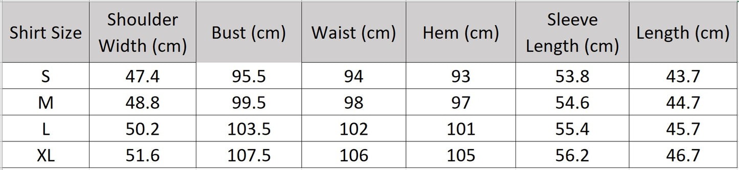 Detailed size guide for the Lapis Shimmer cropped shirt with dropped shoulders. From Borcelleclothes.