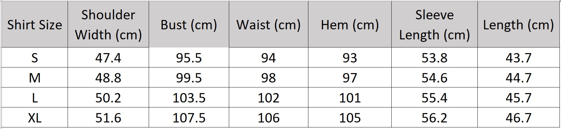 Detailed size guide for the Lapis Shimmer cropped shirt with dropped shoulders. From Borcelleclothes.