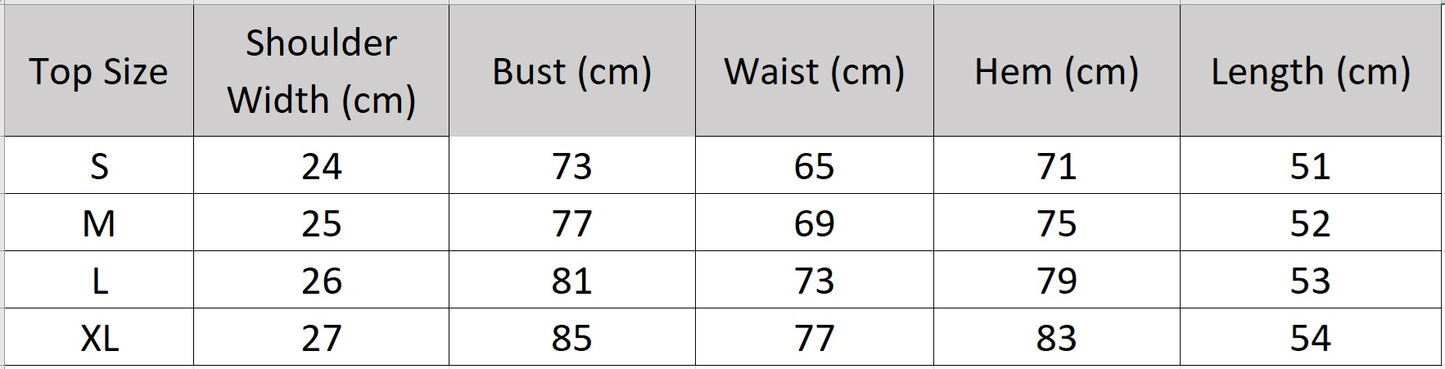 Technical size chart for the Lapis Shimmer cropped top with adjustable straps. From Borcelleclothes.