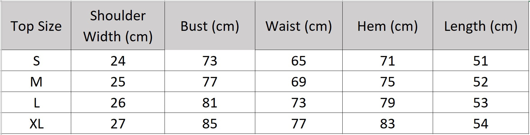Technical size chart for the Lapis Shimmer cropped top with adjustable straps. From Borcelleclothes.