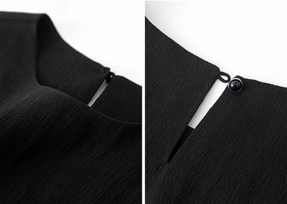 Front and back neckline collage view of the Queen of Spades mulberry silk blouse — From Borcelleclothes.