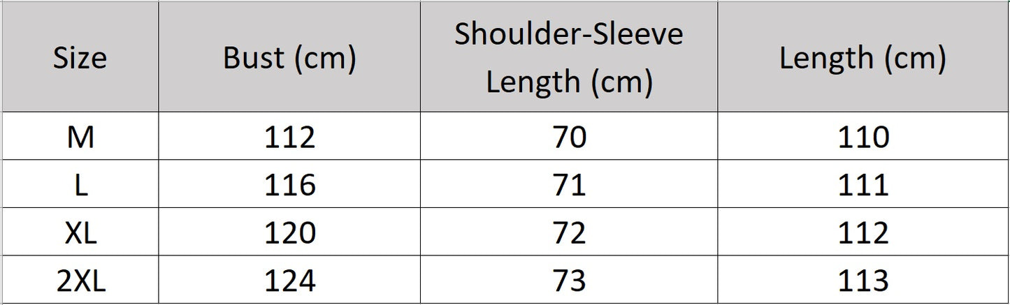 Women's size chart for a double-breasted goatskin coat with a fluid wrap design, notch lapels, and exposed fur edges. — From Borcelleclothes.