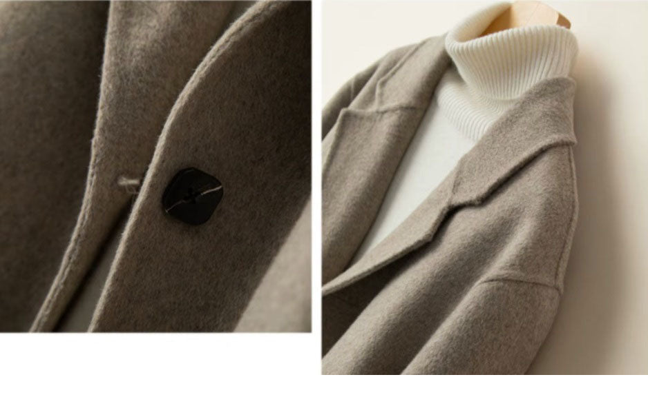Collage of the Women’s Double-Sided Australian Wool Jacket in Almond Frost, showcasing the front sides and shoulder to emphasize its tailored design and sophisticated silhouette. From Borcelleclothes.