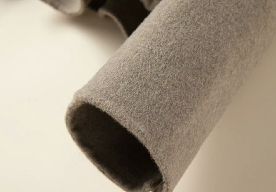 Sleeve detail of the Women’s Double-Sided Australian Wool Jacket in Almond Frost, emphasizing the decorative placket and refined stitching. From Borcelleclothes.