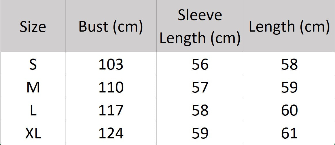 Women’s size chart for a Double-Sided Australian Wool Jacket, featuring a tailored silhouette, notch lapels, and a single-breasted design with two buttons. Crafted from 100% Australian wool, this jacket combines timeless elegance with sustainable luxury. From Borcelleclothes.