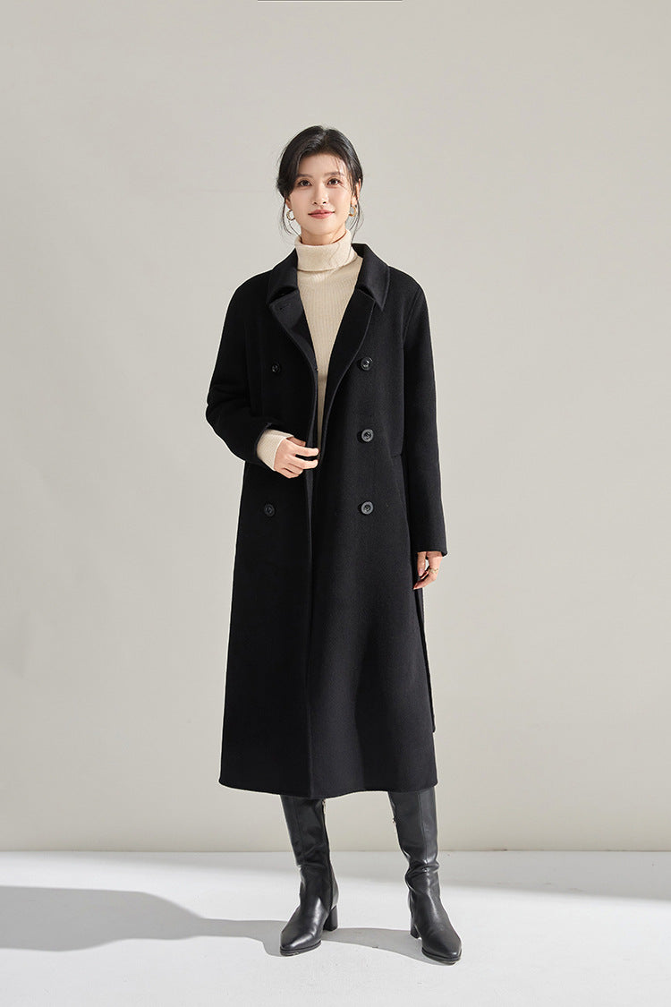 Shadow of a Word black coat, unfastened model looking straight — From Borcelleclothes.