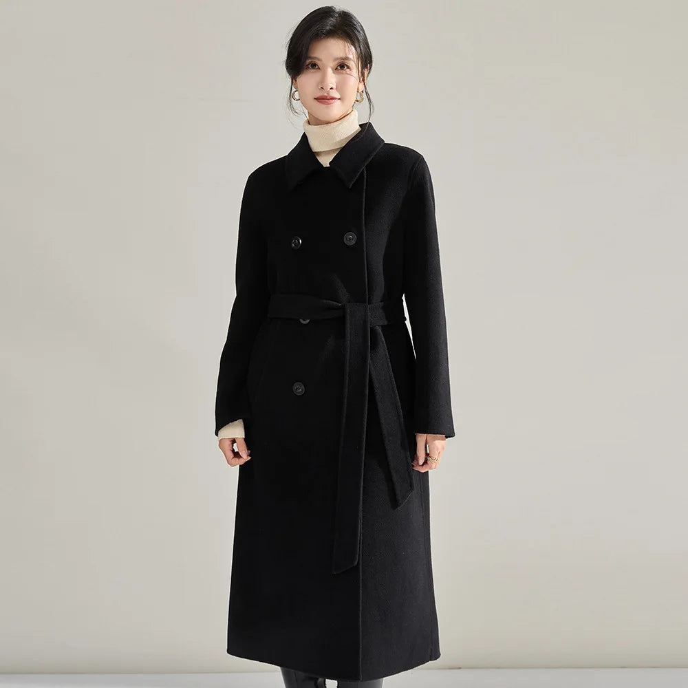 Women's double-sided coat made of Australian wool and cashmere, featuring a pointed collar, eight-button double-breasted closure, and a defined belted waist. Color: Shadow of a Word. — From Borcelleclothes.