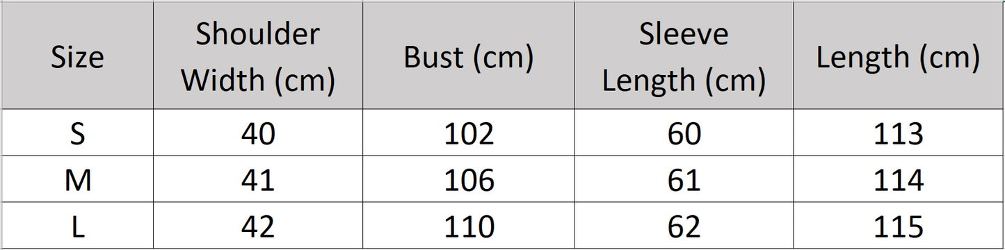 Women's size chart for a double-sided coat made of Australian wool and cashmere, featuring a pointed collar, eight-button double-breasted closure, and a defined belted waist. — From Borcelleclothes.