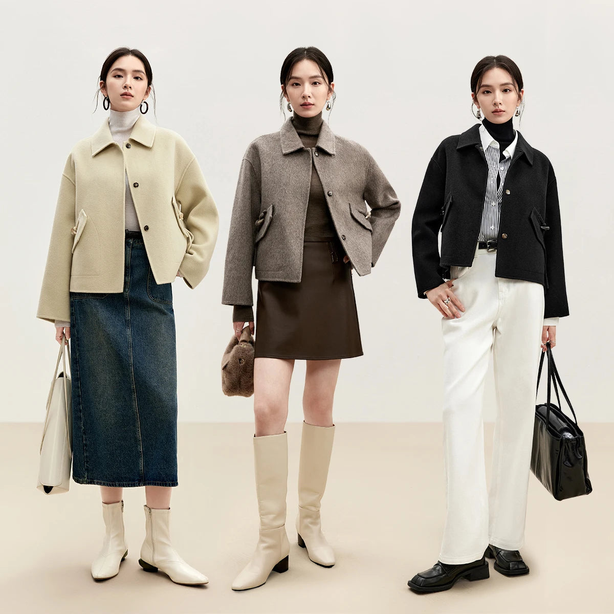 A woman presenting a collage of the double-sided wool jacket with toggle detail in all available colors — From Borcelleclothes.