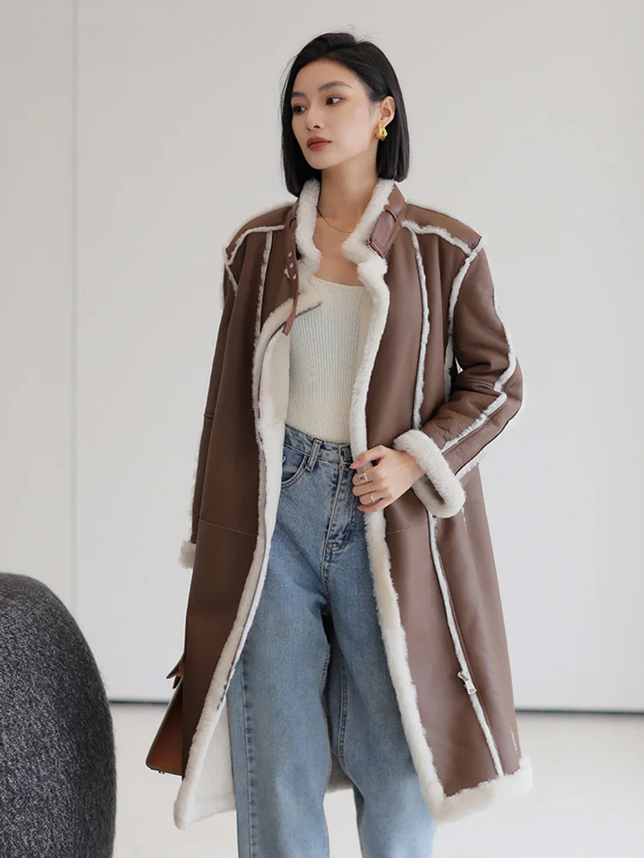 Unzipped Drambuie Cocktail shearling coat in motion, warm brown leather flowing open — From Borcelleclothes.