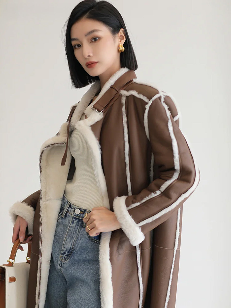 Unzipped Drambuie Cocktail shearling coat, model turned slightly to the side — From Borcelleclothes.