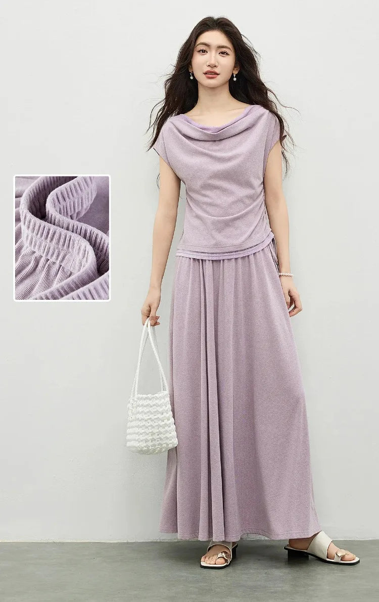 Style collage: details of the woven bag accessory and the fine texture of the skirt's waistband. — From Borcelleclothes.