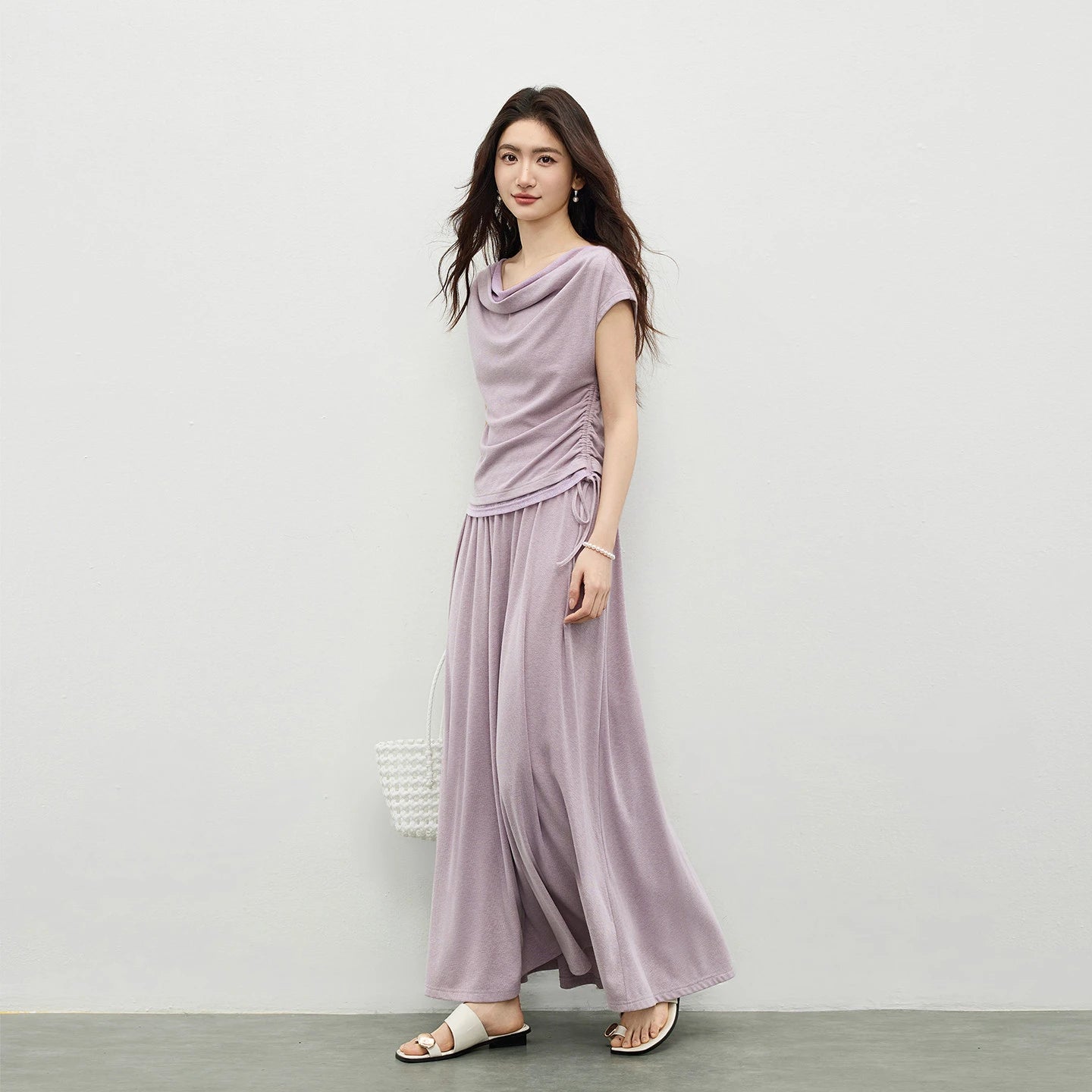 Women's rib-knit set in Gentle Dream color: loose-fit sleeveless top with a voluminous cowl collar and midi flared skirt. — From Borcelleclothes.