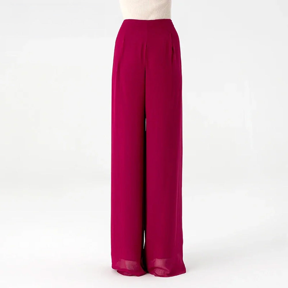 Back view of high-waisted silk georgette wide-leg trousers in Raspberry Perspective — From Borcelleclothes.