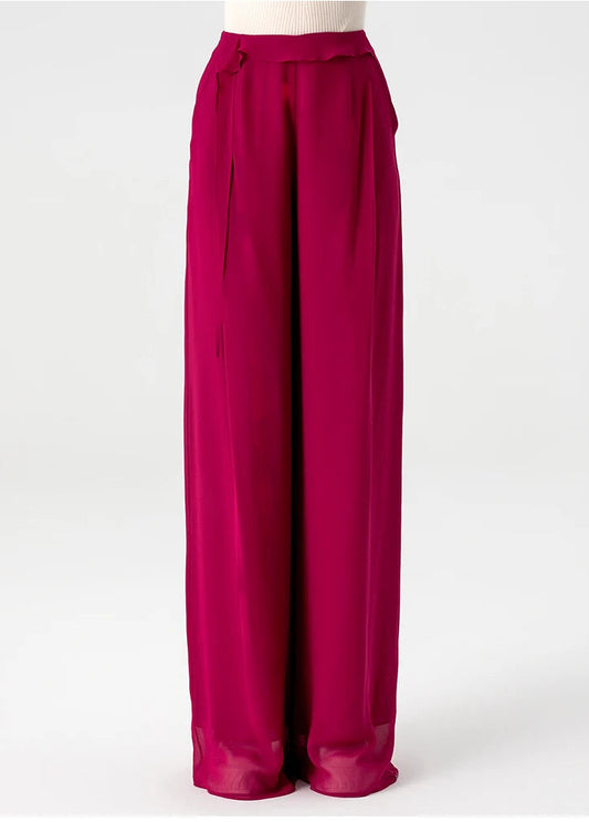 Women's wide-leg Mulberry silk georgette trousers in Raspberry Perspective with an asymmetrical waist overlay, front view — From Borcelleclothes.