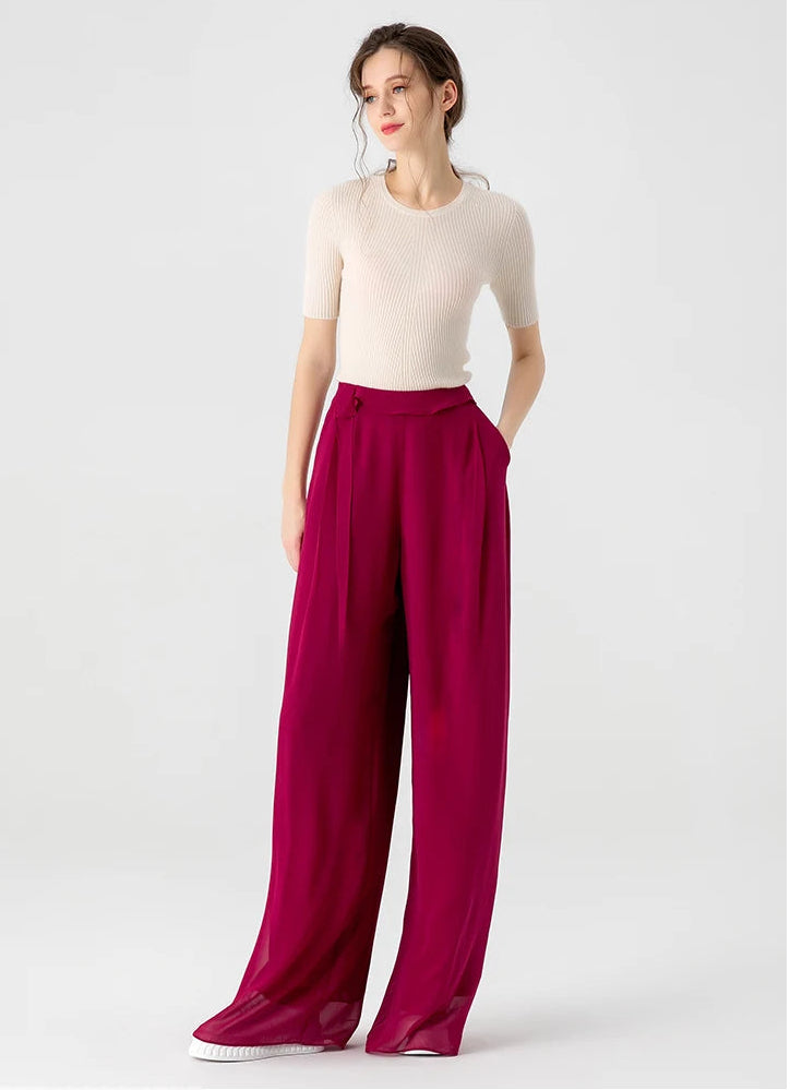 Full-height view of Raspberry Perspective Mulberry silk trousers showcasing the side slash pocket detail — From Borcelleclothes.