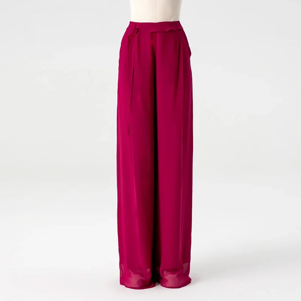 Women's Wide-leg trousers in double-layer Raspberry Perspective silk georgette. Feature an asymmetrical waist overlay pivoting into a free-falling vertical panel.  — From Borcelleclothes.